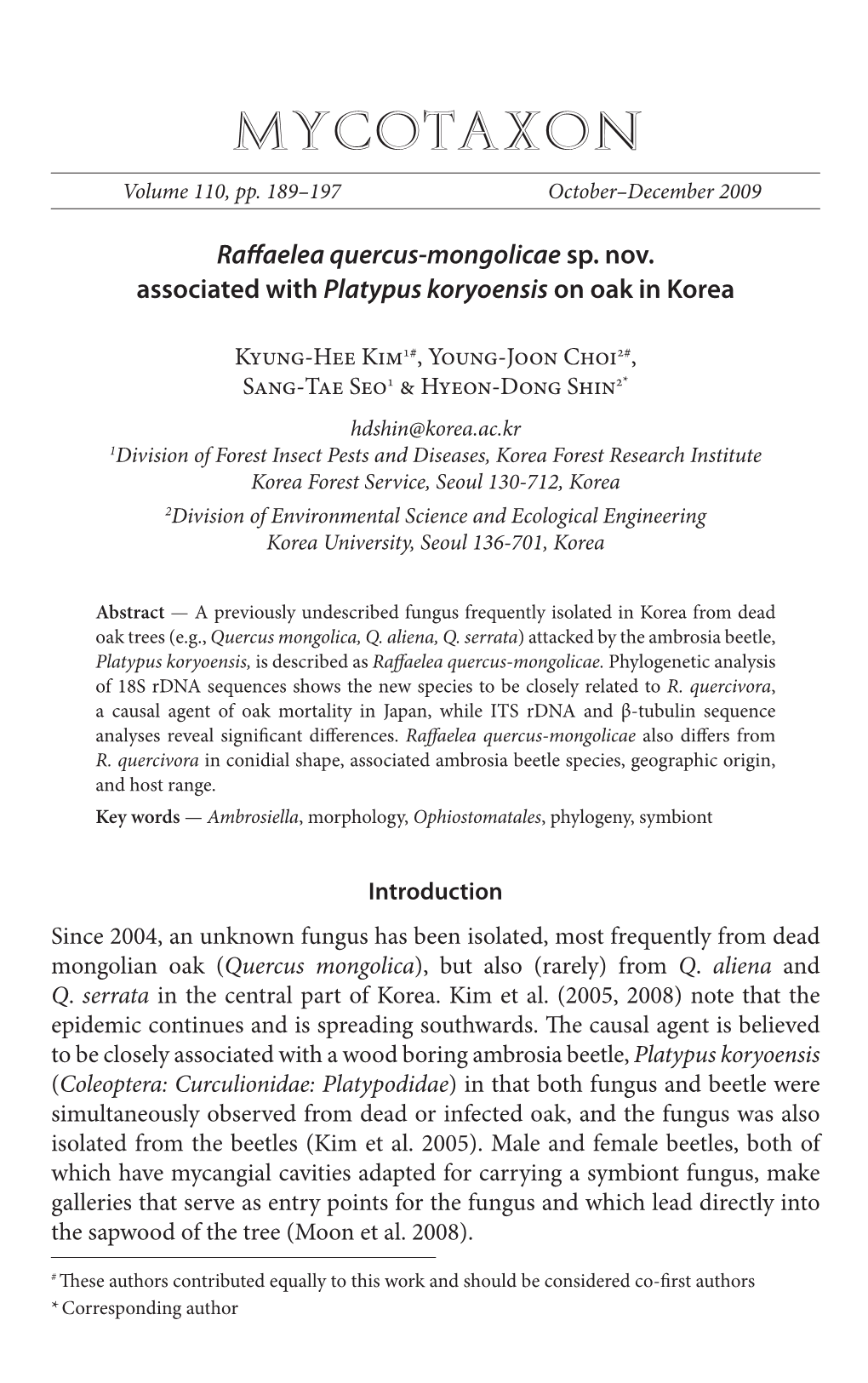 Sp. Nov. Associated with &lt;I&gt;Platypus Koryoensis&lt;/I&gt; on Oak in Korea