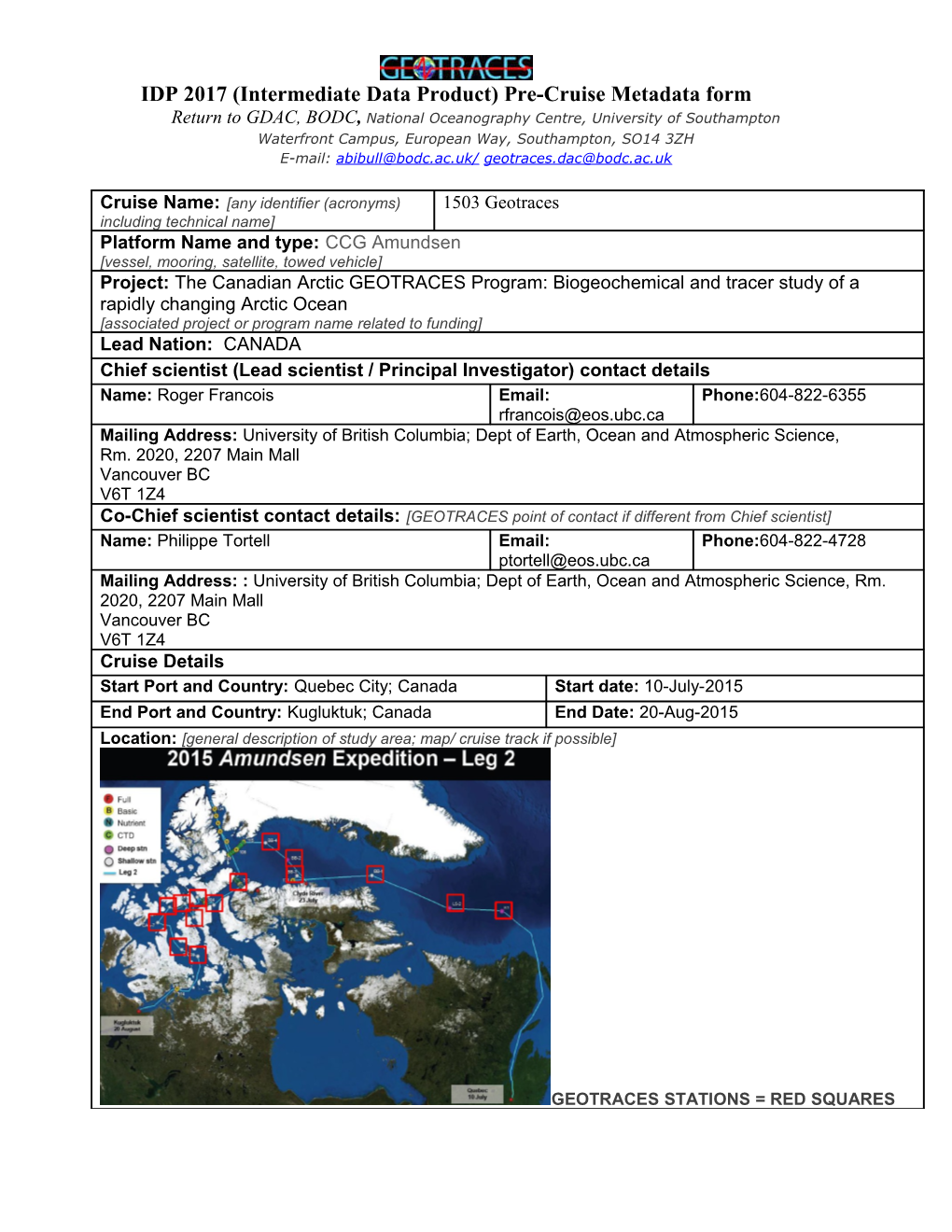 GDAC PRE CRUISE META DATA PLATFORM Description (To Submit to the IPO Prior to Cruises s1