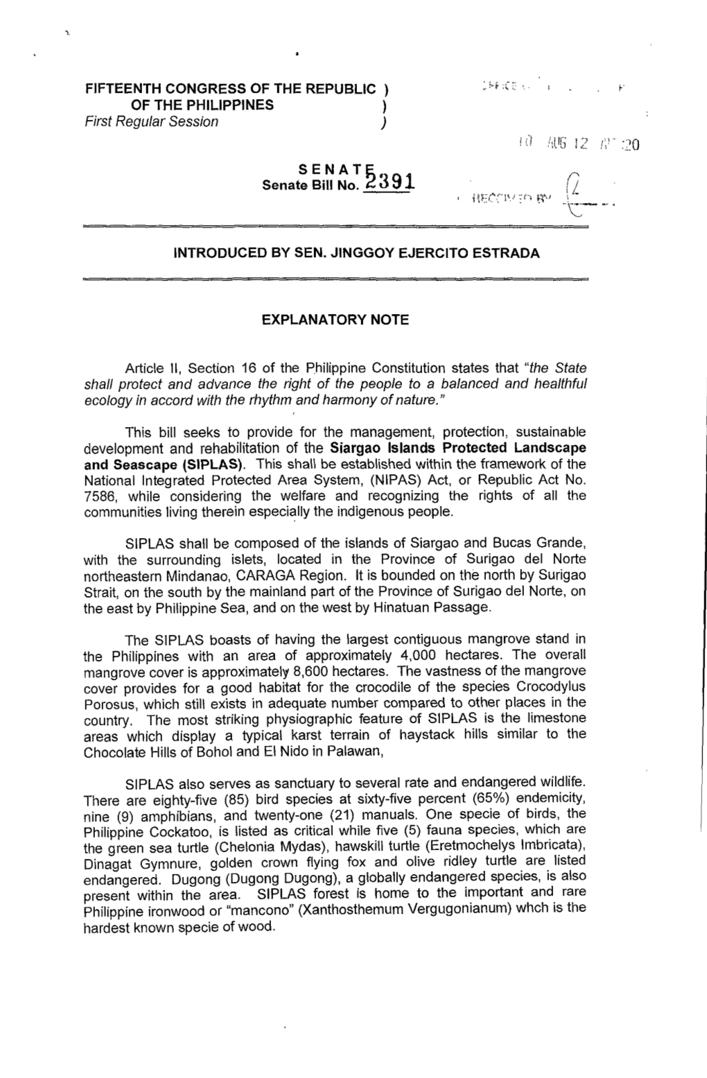 FIFTEENTH CONGRESS of the REPUBLIC ) of the PHILIPPINES ) First Regular Session ) SENATE Senate Bill No. ~ 3 91 INTRODUCED by SE