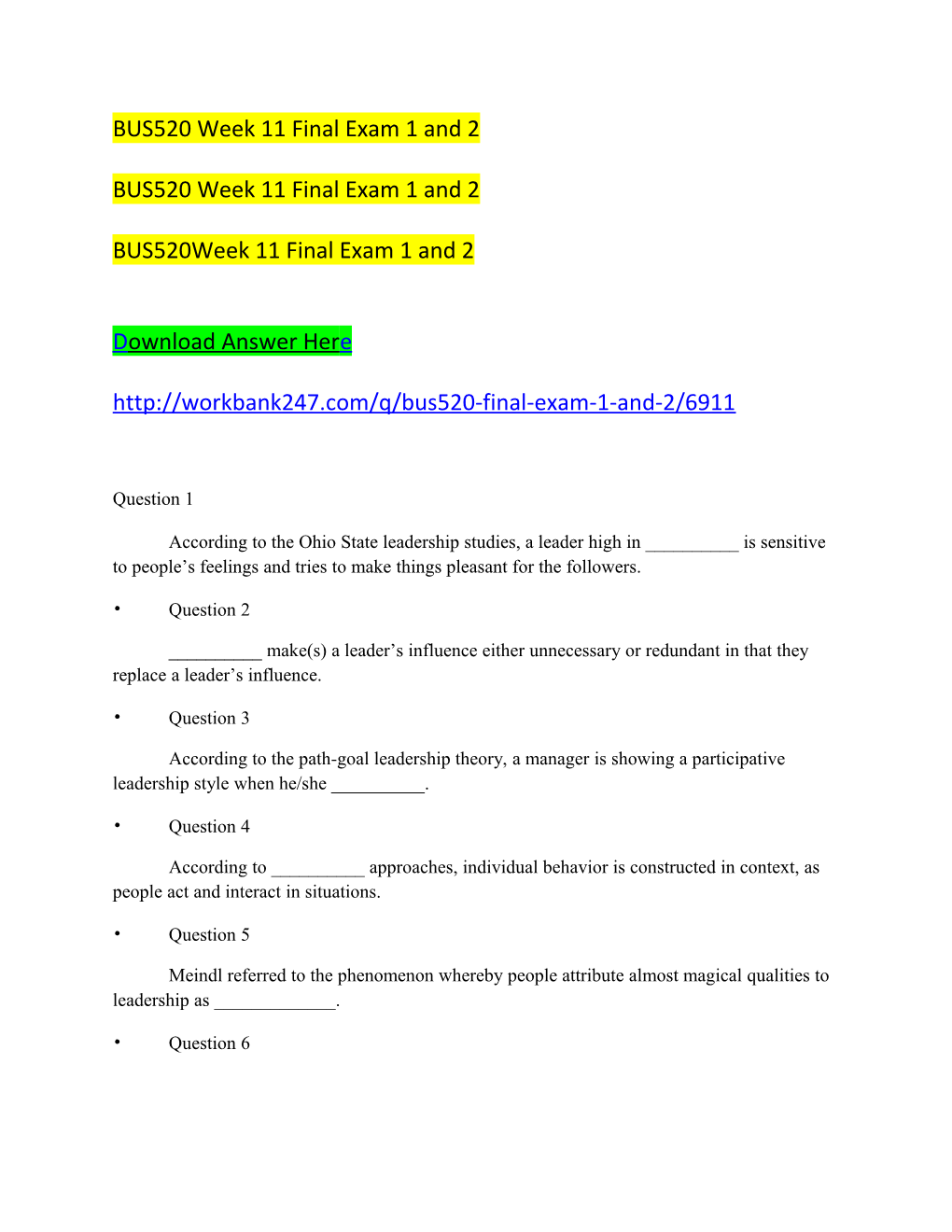 BUS520 Week 11 Final Exam 1 and 2