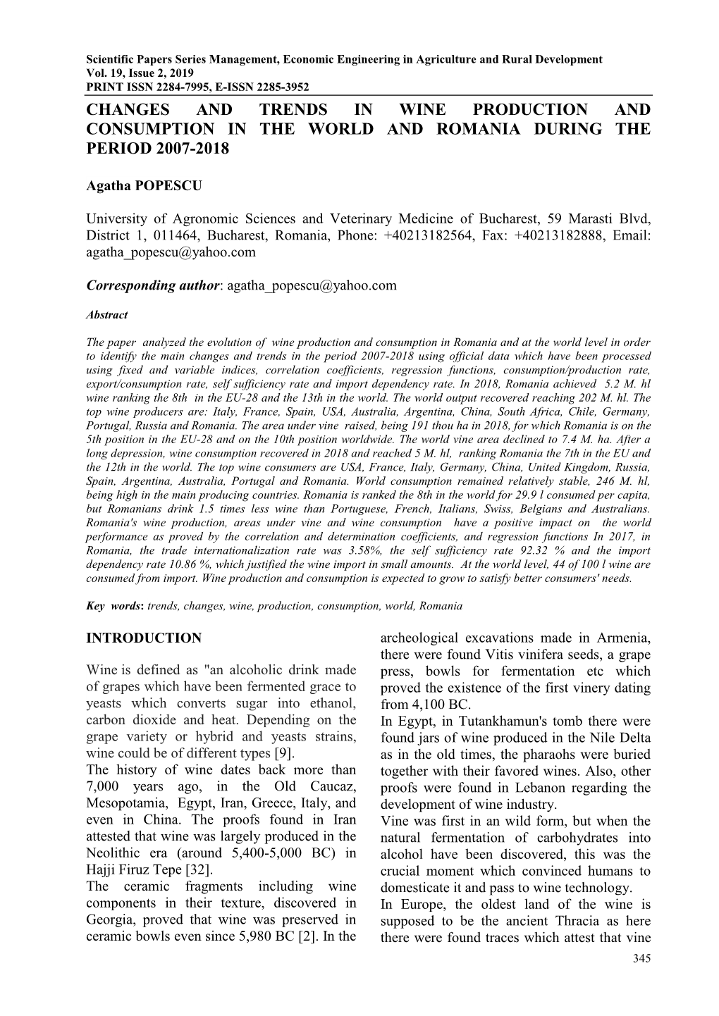 Changes and Trends in Wine Production and Consumption in the World and Romania During the Period 2007-2018