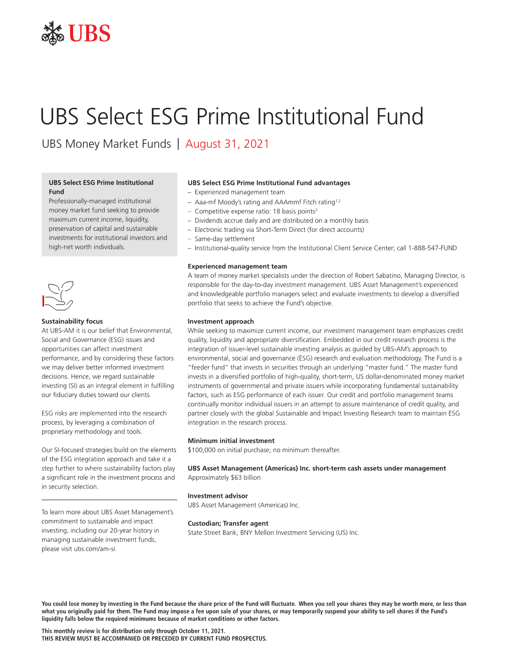 UBS Select ESG Prime Institutional Fund UBS Money Market Funds | August 31, 2021