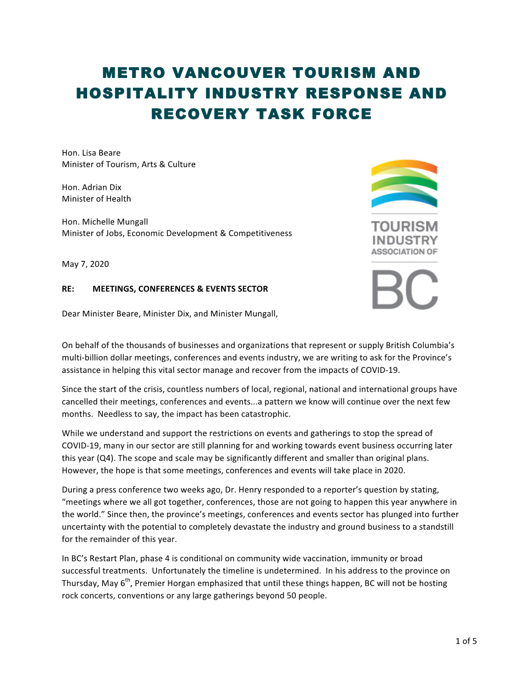 Metro Vancouver Tourism and Hospitality Industry Response and Recovery Task Force