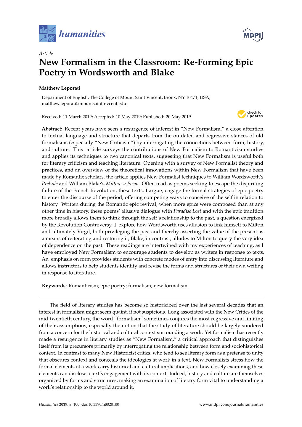 New Formalism in the Classroom: Re-Forming Epic Poetry in Wordsworth and Blake