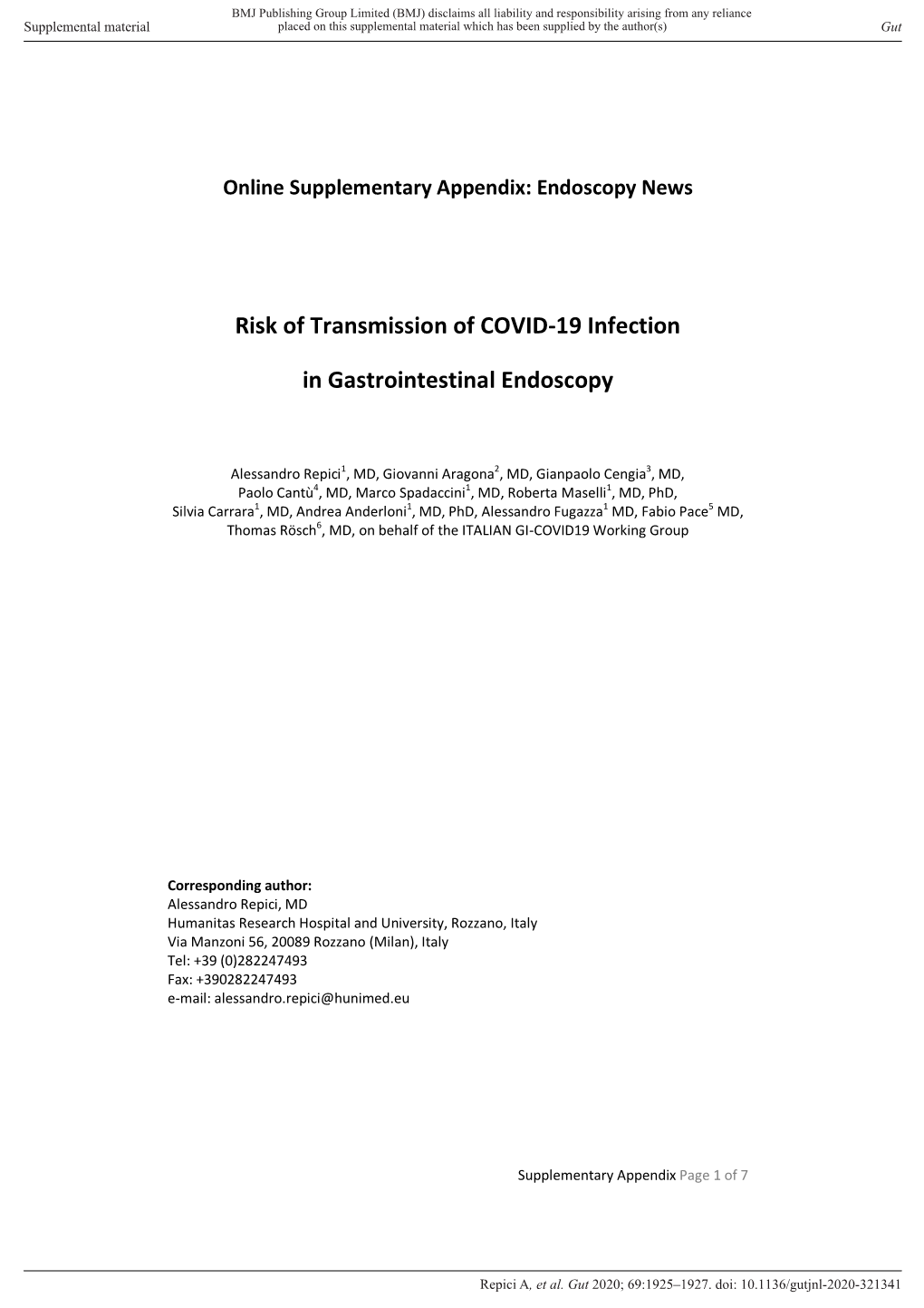 Risk of Transmission of COVID-19 Infection in Gastrointestinal