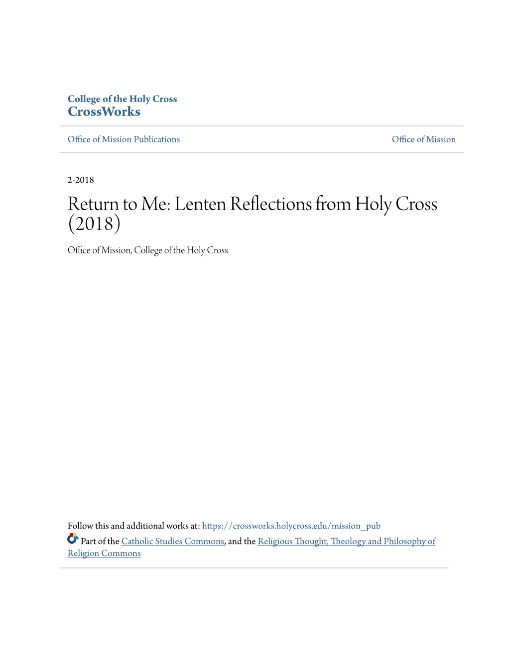 Lenten Reflections from Holy Cross (2018) Office Ofi M Ssion, College of the Holy Cross