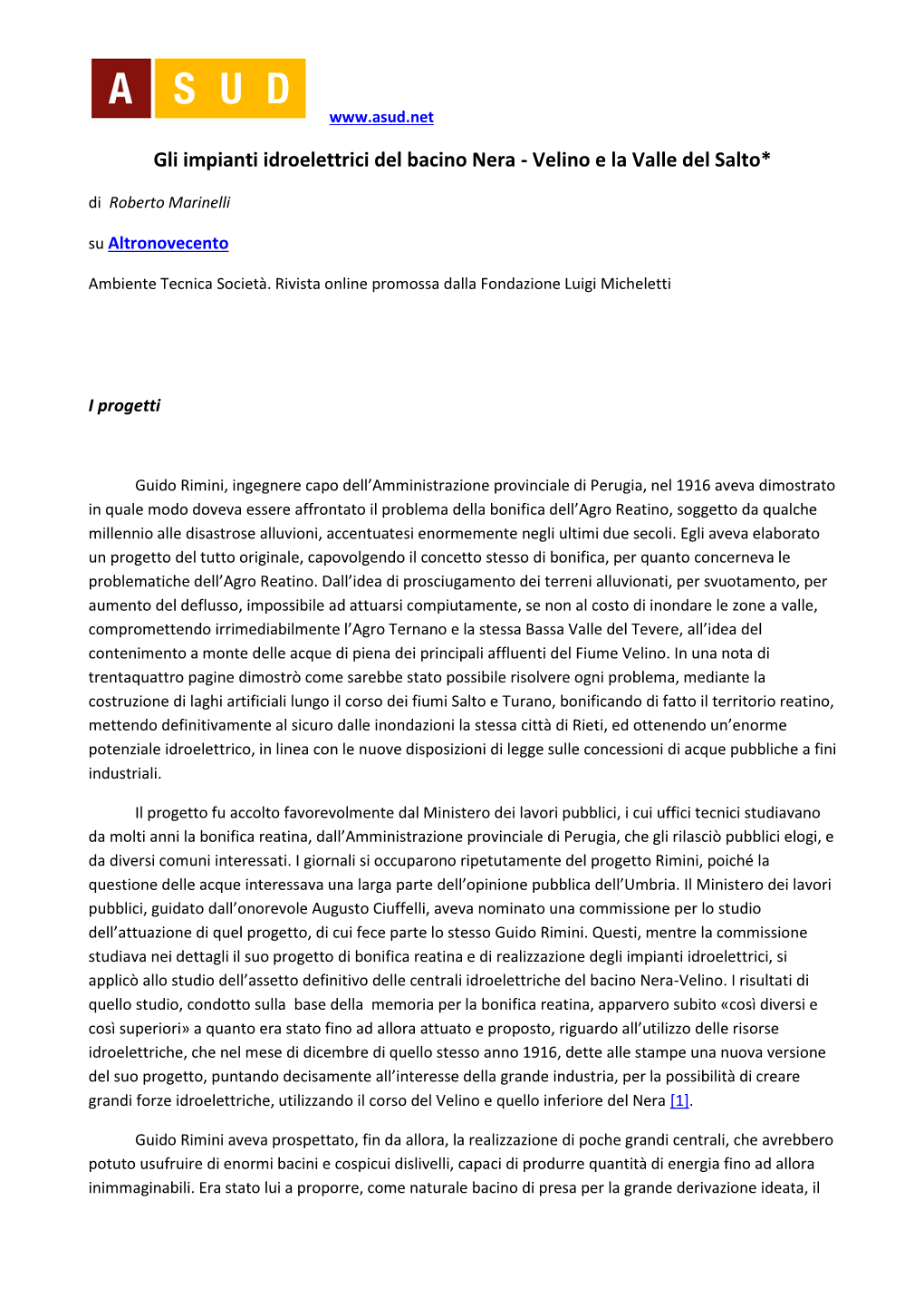 Gli Impianti Idroelettrici Del Bacino Nera - Velino E La Valle Del Salto* Di Roberto Marinelli Su Altronovecento