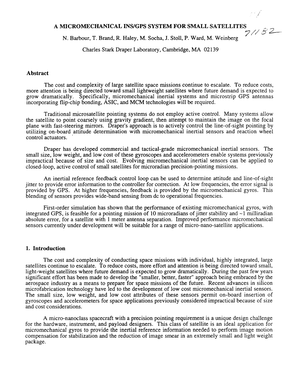 A Micromechanical Ins/Gps System for Small Satellites