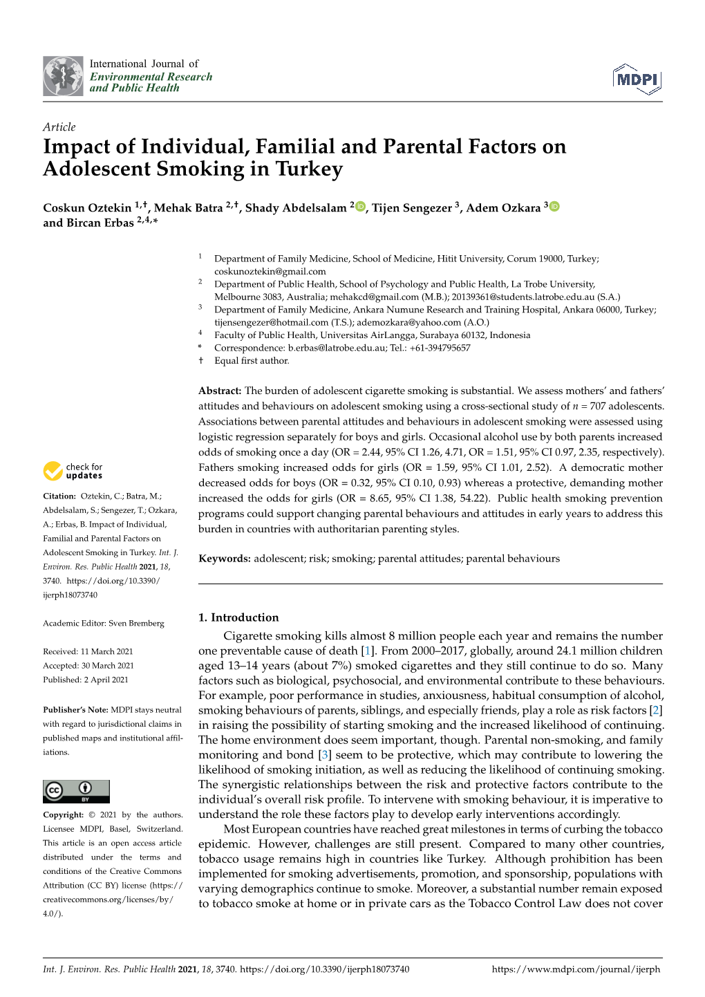 Impact of Individual, Familial and Parental Factors on Adolescent Smoking in Turkey