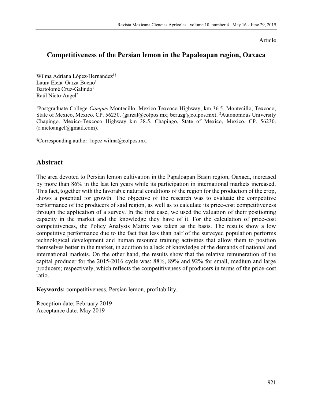 Competitiveness of the Persian Lemon in the Papaloapan Region, Oaxaca