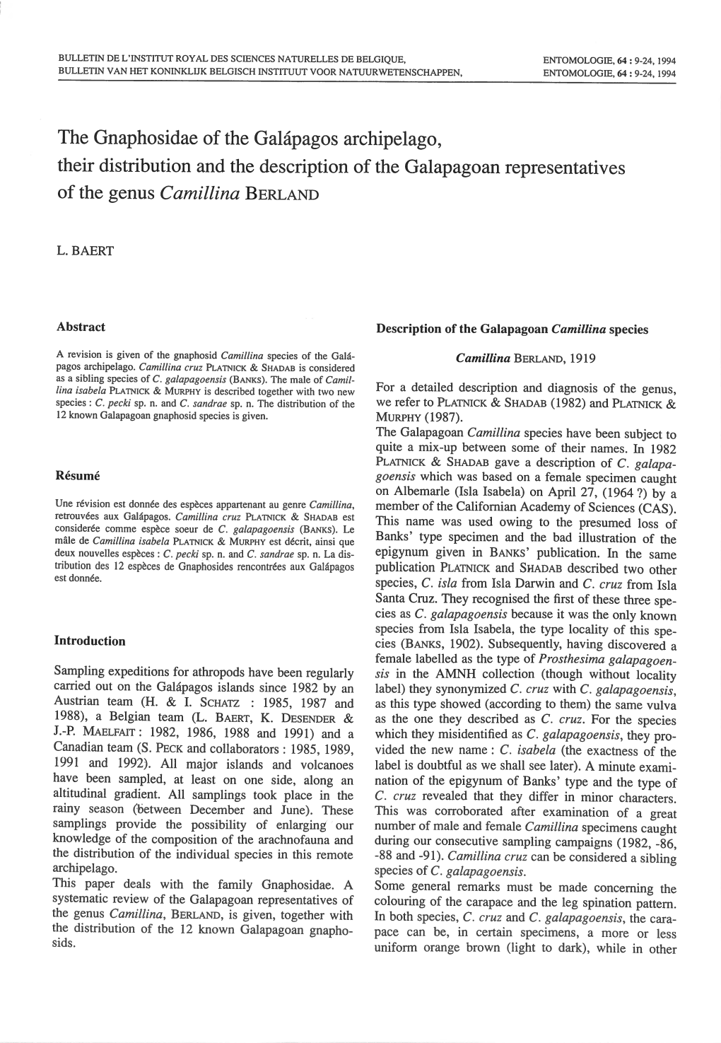 The Gnaphosidae of the Galapagos Archipelago, Their Distribution and the Description of the Galapagoan Representatives of the Genus Camillina BERLAND