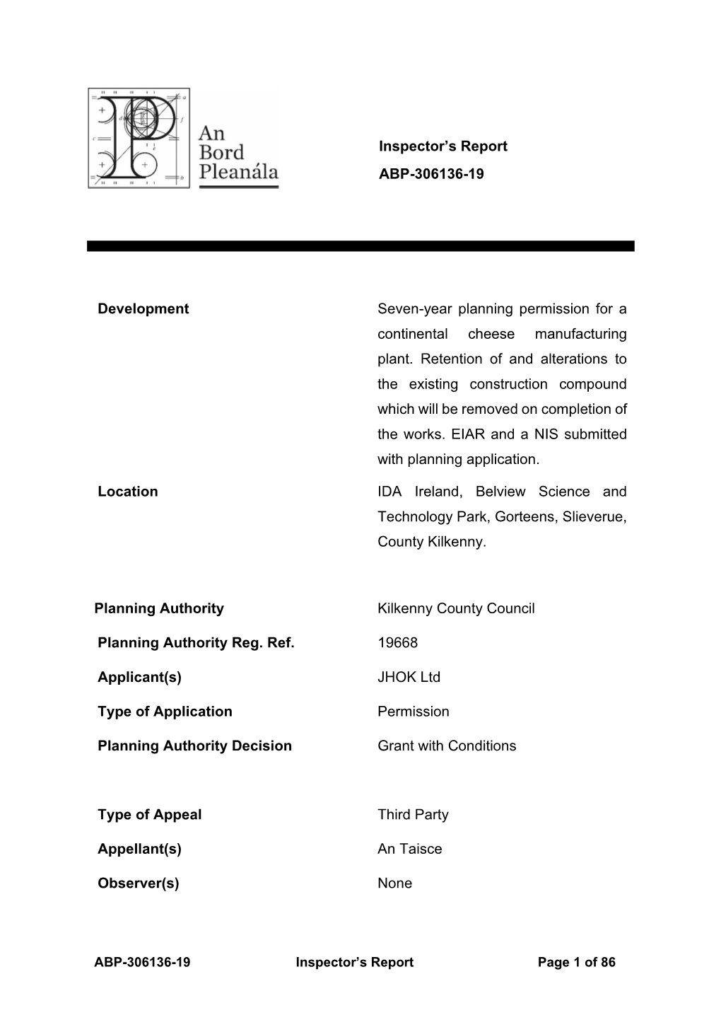 Inspector's Report ABP-306136-19 Development Seven-Year Planning