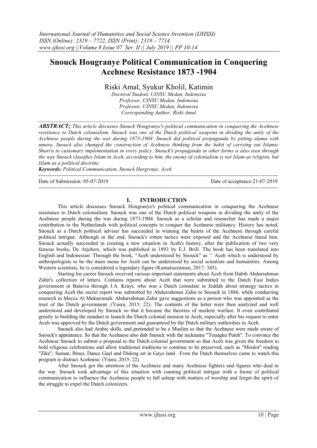 Snouck Hougranye Political Communication in Conquering Acehnese Resistance 1873 -1904