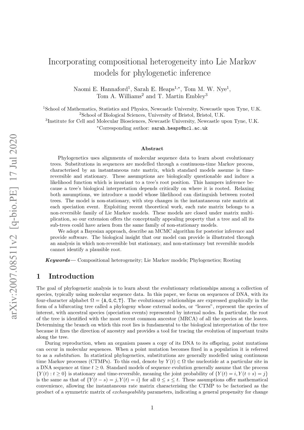 Arxiv:2007.08511V2 [Q-Bio.PE] 17 Jul 2020 of the Tree Is Identiﬁed with the Most Recent Common Ancestor (MRCA) of All the Species at the Leaves