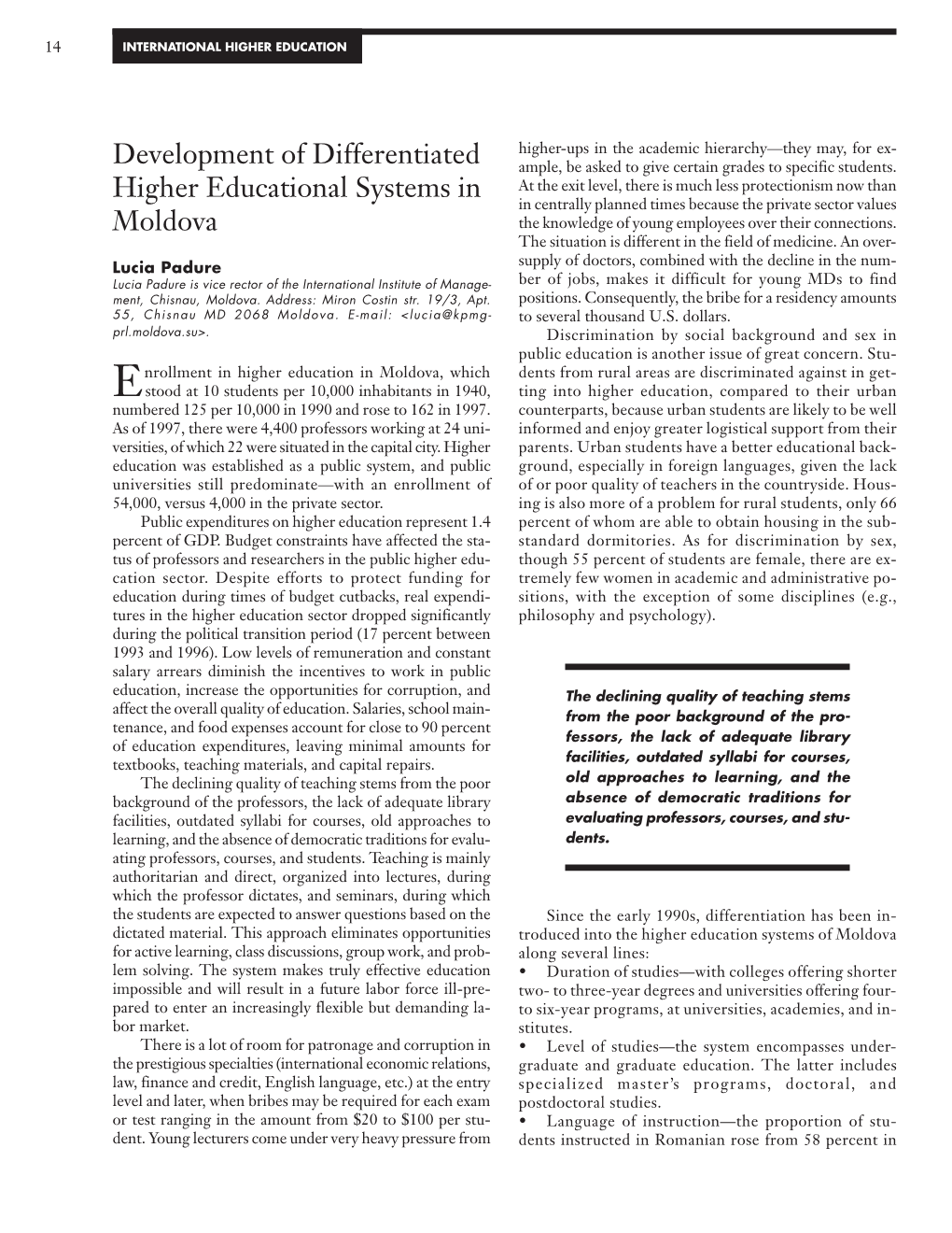 Development of Differentiated Higher Educational Systems in Moldova