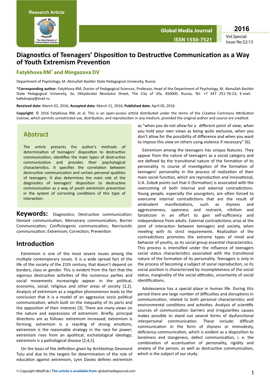 Diagnostics of Teenagers' Disposition to Destructive Communication As A