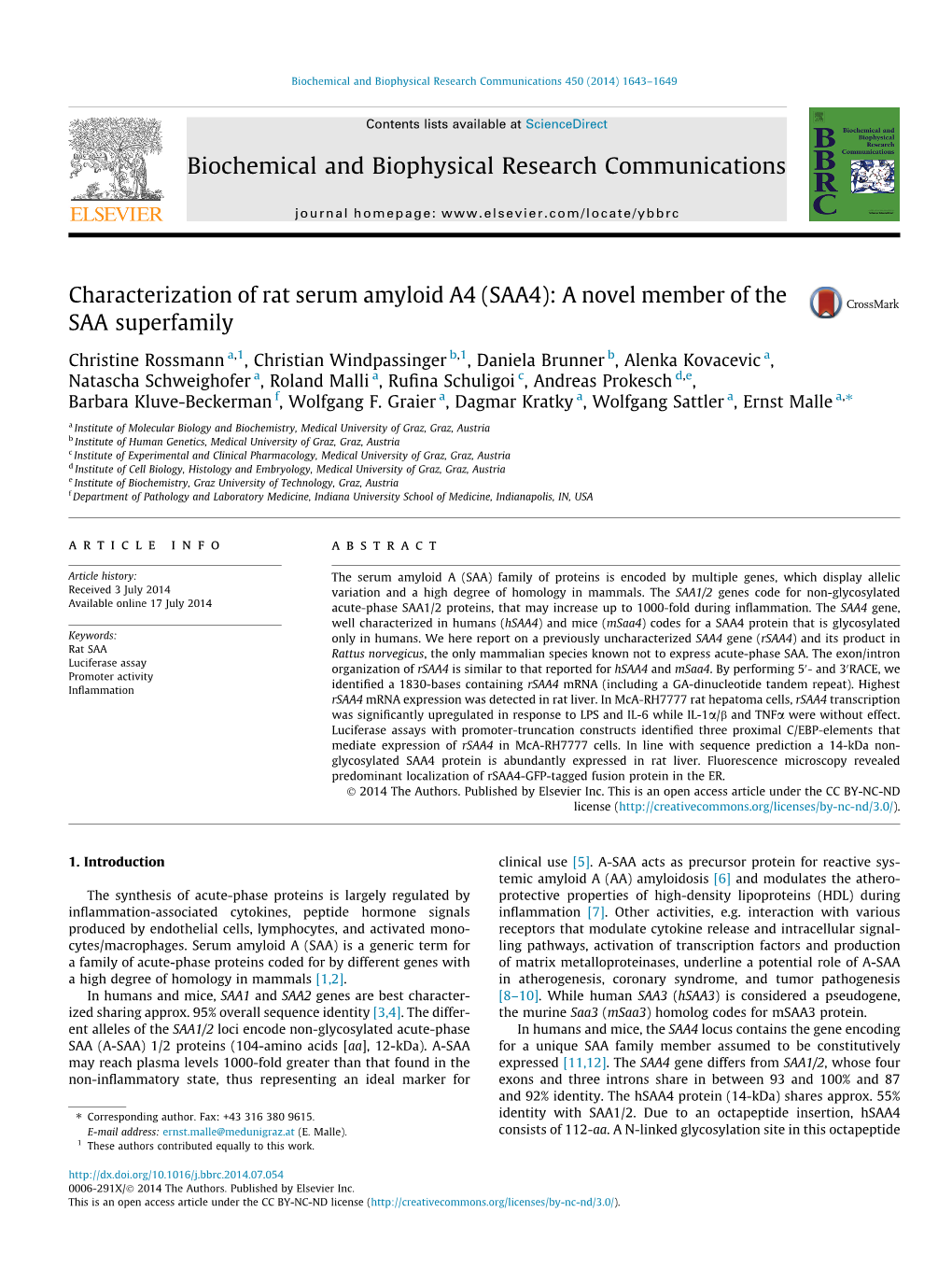 Characterization of Rat Serum Amyloid A4 (SAA4): a Novel Member of the SAA Superfamily