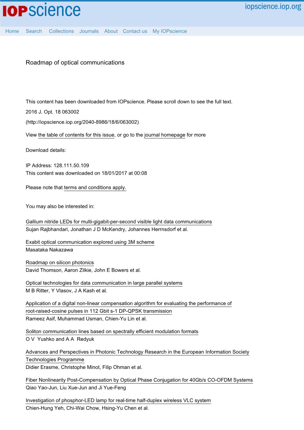 Roadmap of Optical Communications