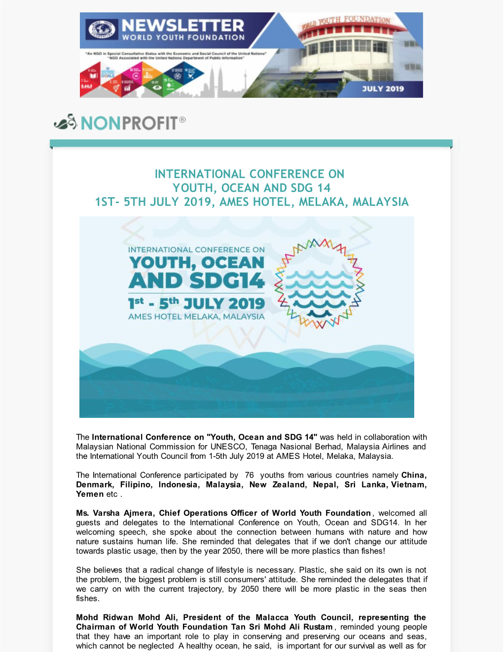 International Conference on Youth, Ocean and Sdg 14 1St- 5Th July 2019, Ames Hotel, Melaka, Malaysia