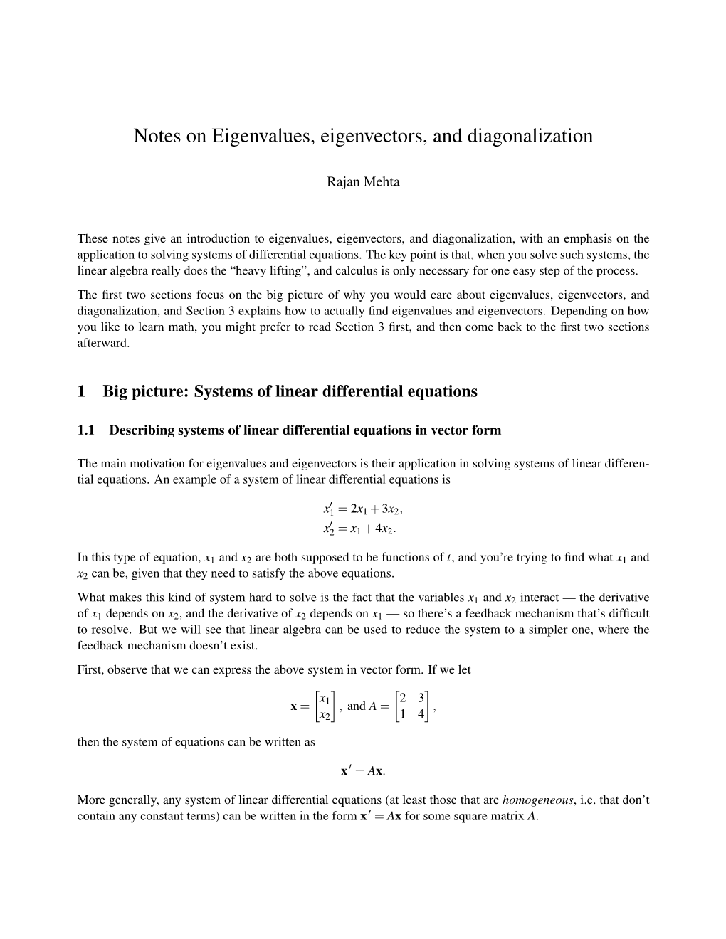 Notes on Eigenvalues, Eigenvectors, and Diagonalization
