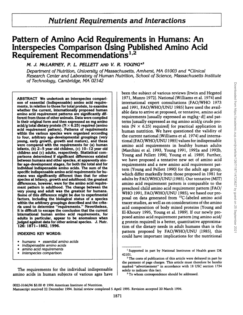 Pattern of Amino Acid Requirements in Humans: an Interspecies Comparison Using Published Amino Acid Requirement Recommendations1'2