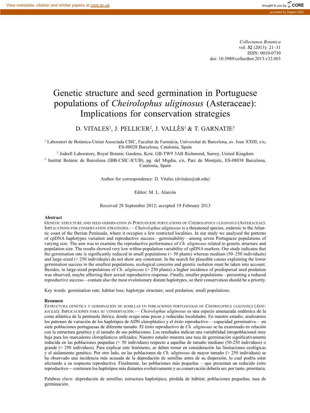 Genetic Structure and Seed Germination in Portuguese Populations of Cheirolophus Uliginosus (Asteraceae): Implications for Conservation Strategies