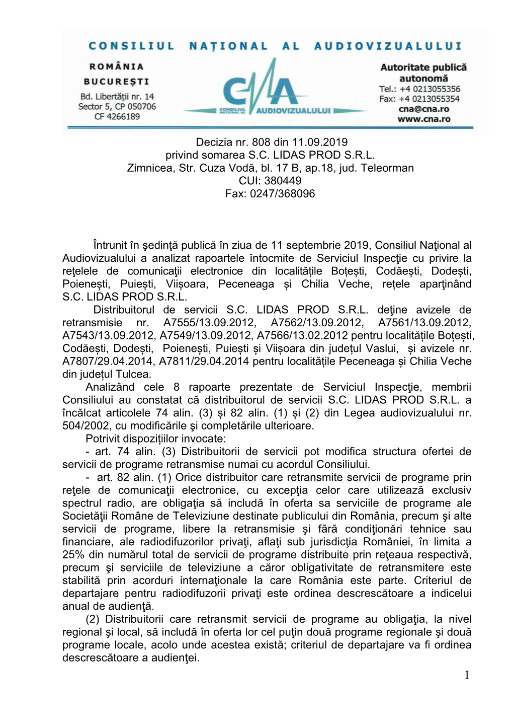 Decizia Nr. 808 Din 11.09.2019 Privind Somarea S.C. LIDAS PROD S.R.L. Zimnicea, Str