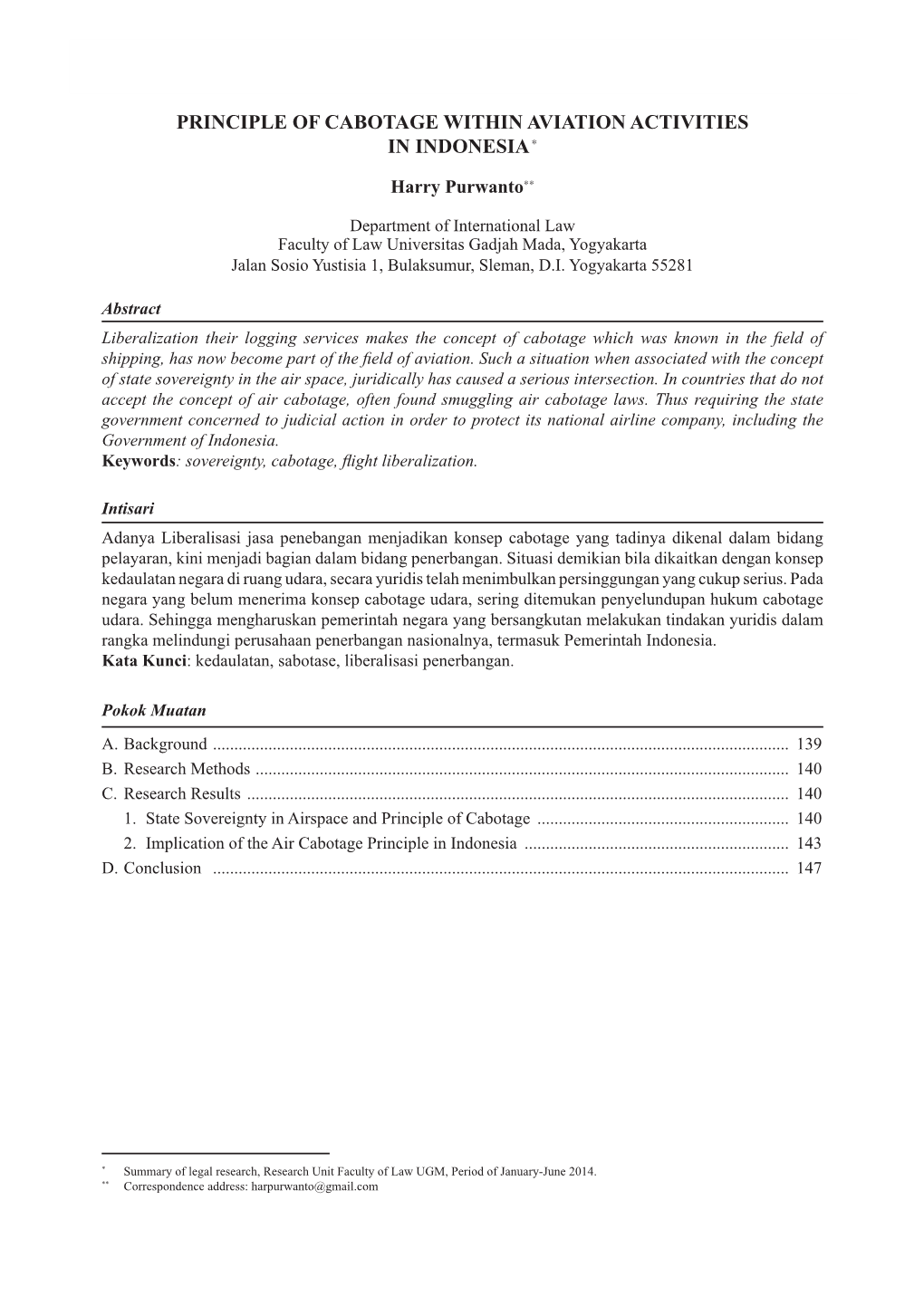 Principle of Cabotage Within Aviation Activities in Indonesia ∗