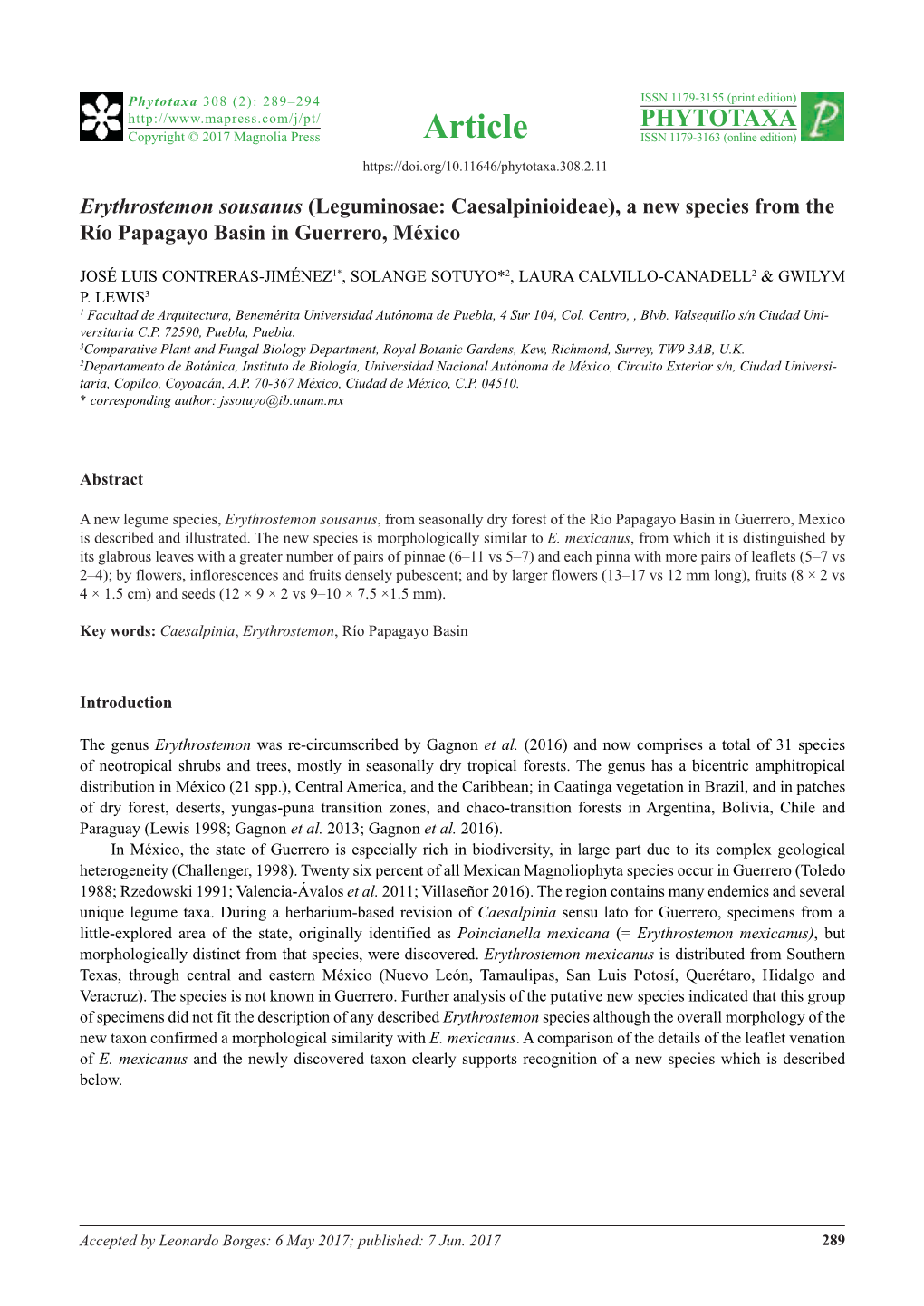 Erythrostemon Sousanus (Leguminosae: Caesalpinioideae), a New Species from the Río Papagayo Basin in Guerrero, México