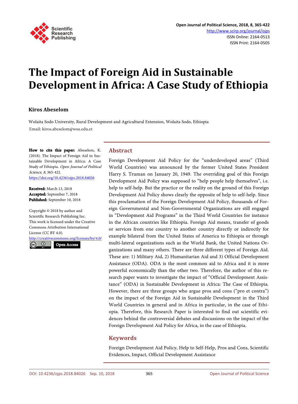 The Impact of Foreign Aid in Sustainable Development in Africa: a Case Study of Ethiopia