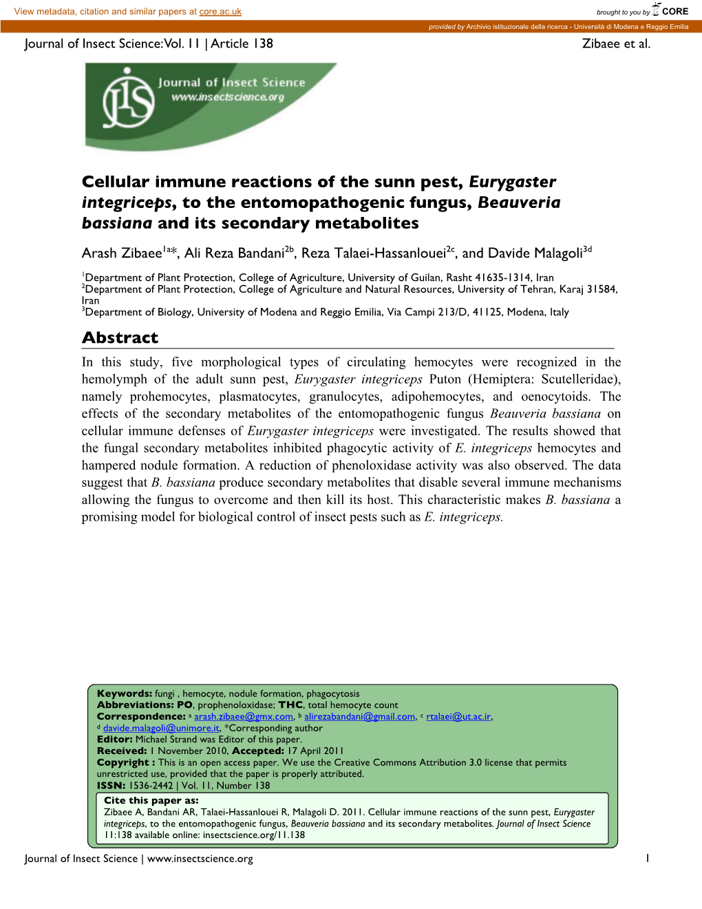 Cellular Immune Reactions of the Sunn Pest, Eurygaster Integriceps, to The