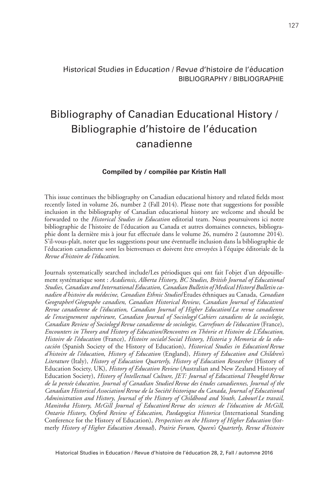 Bibliography of Canadian Educational History / Bibliographie D'histoire De