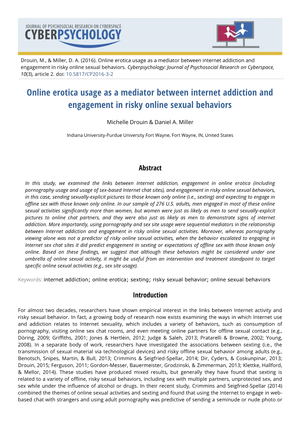 Online Erotica Usage As a Mediator Between Internet Addiction and Engagement in Risky Online Sexual Behaviors