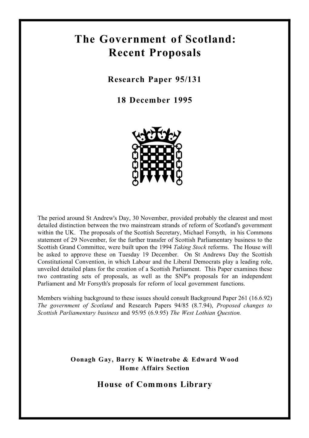 Government of Scotland: Recent Proposals