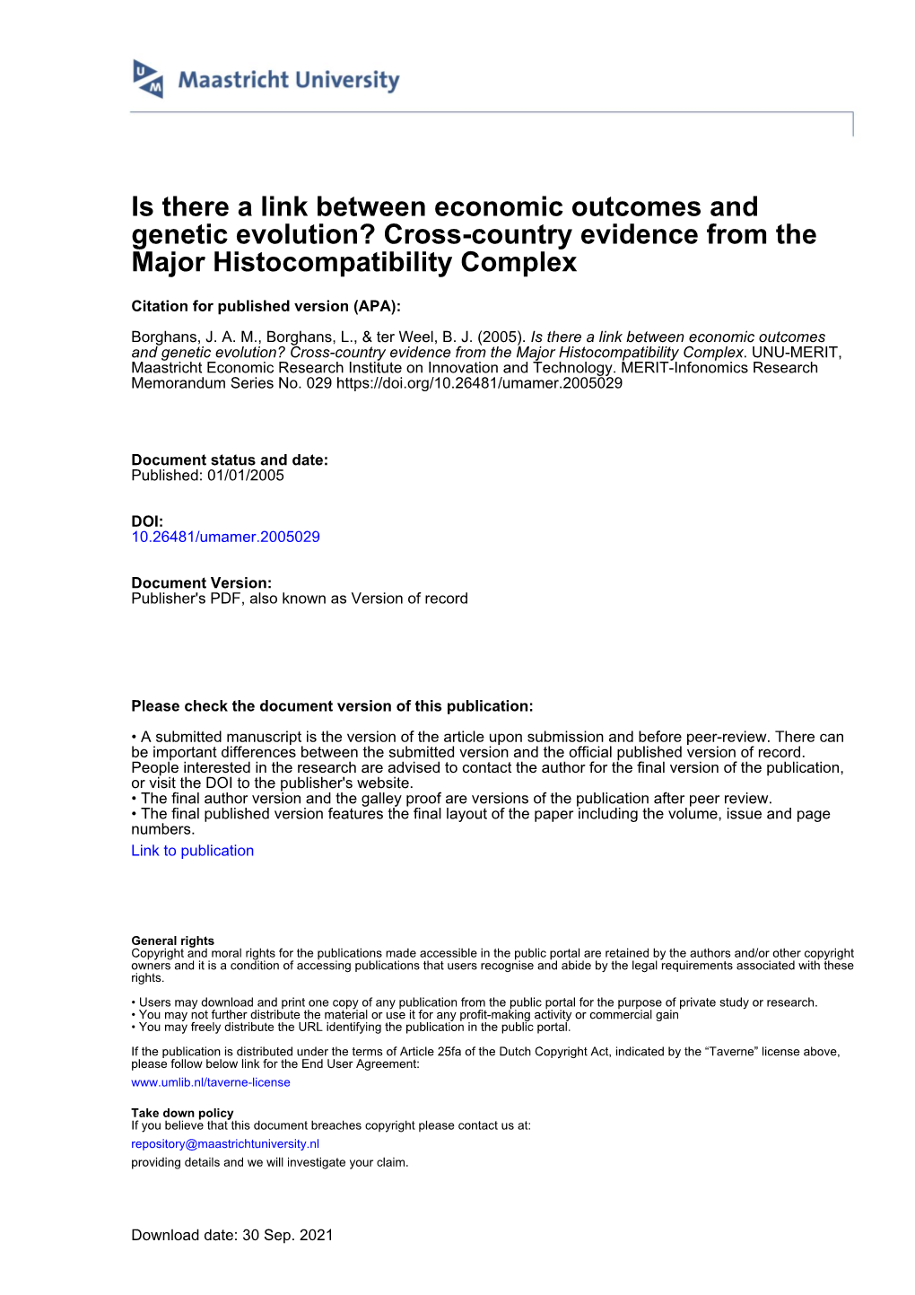 Is There a Link Between Economic Outcomes and Genetic Evolution? Cross-Country Evidence from the Major Histocompatibility Complex