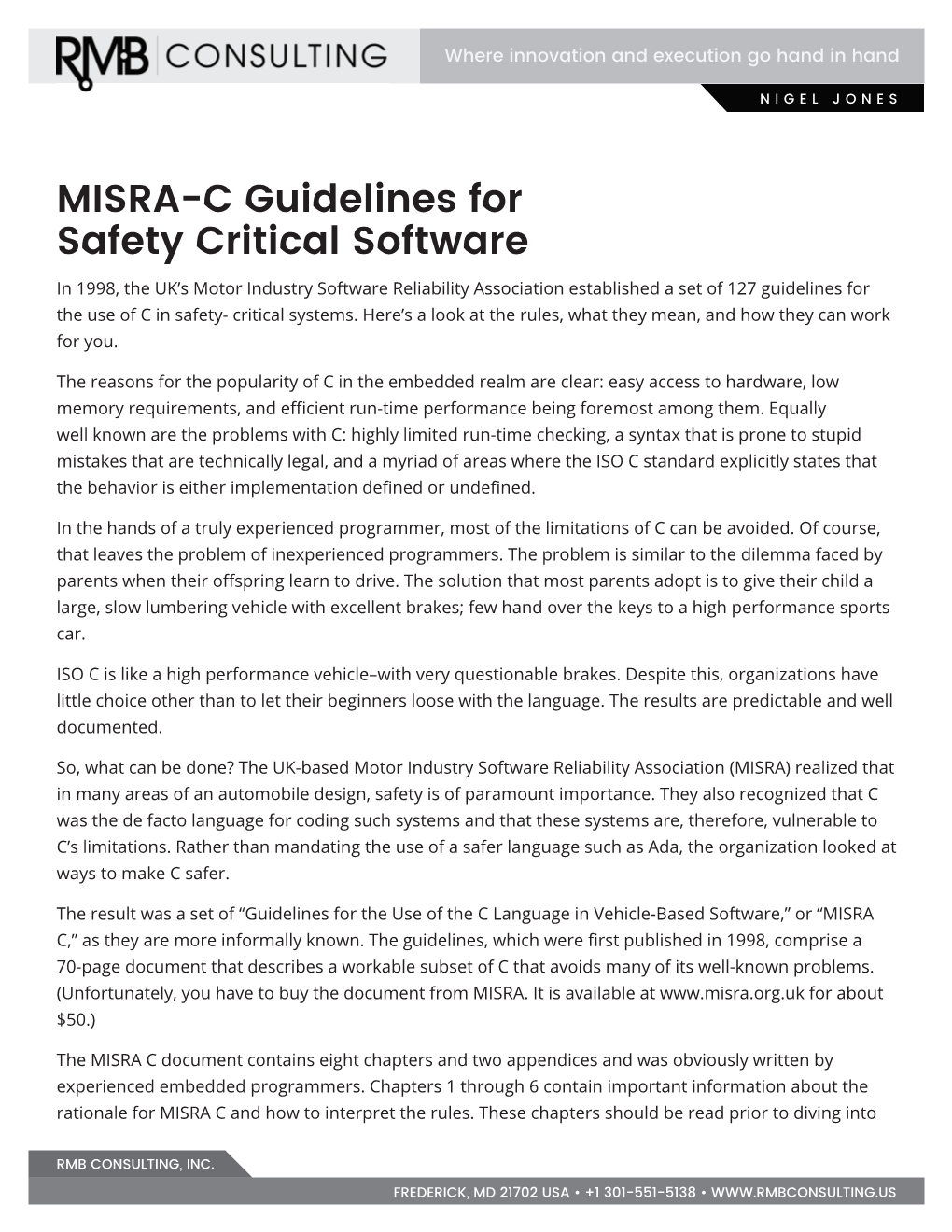 MISRA-C Guidelines for Safety Critical Software