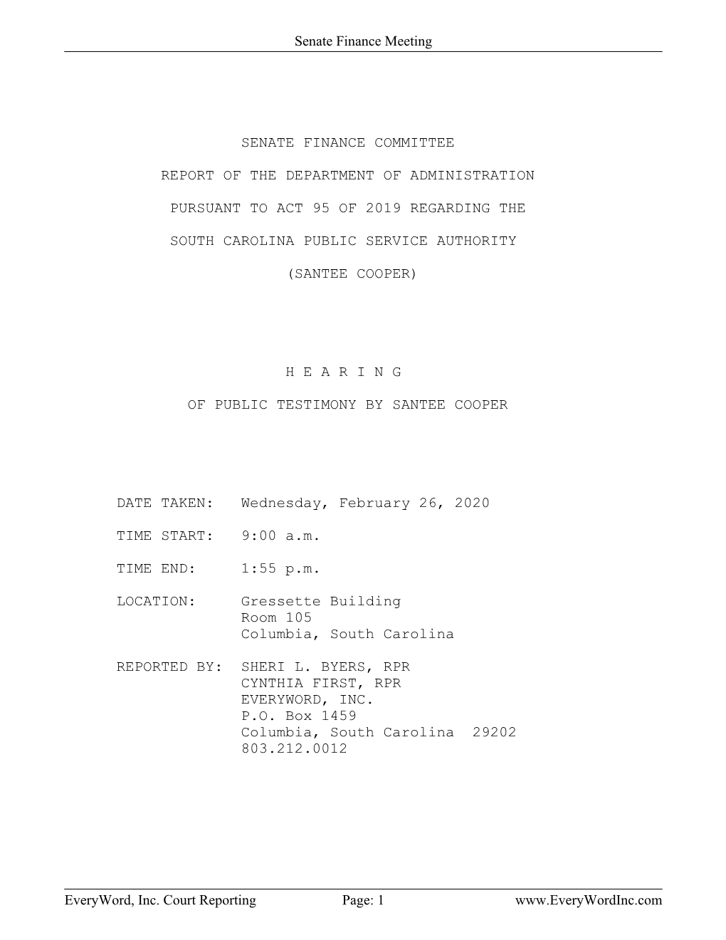 Senate Finance Meeting Everyword, Inc. Court Reporting Page