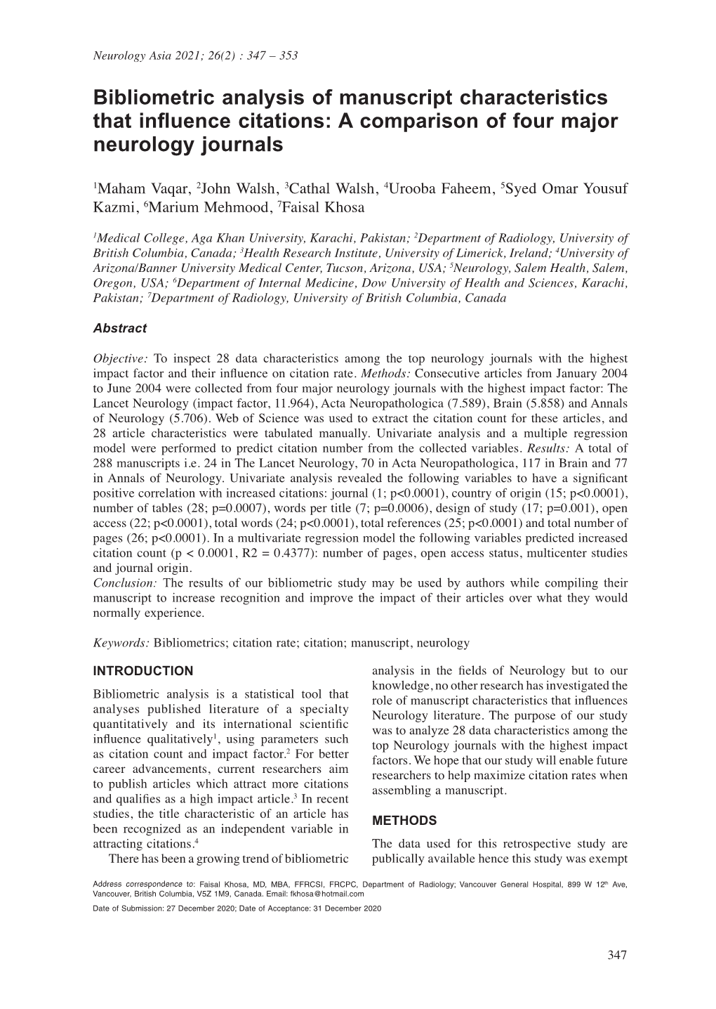 Bibliometric Analysis of Manuscript Characteristics That Influence Citations: a Comparison of Four Major Neurology Journals