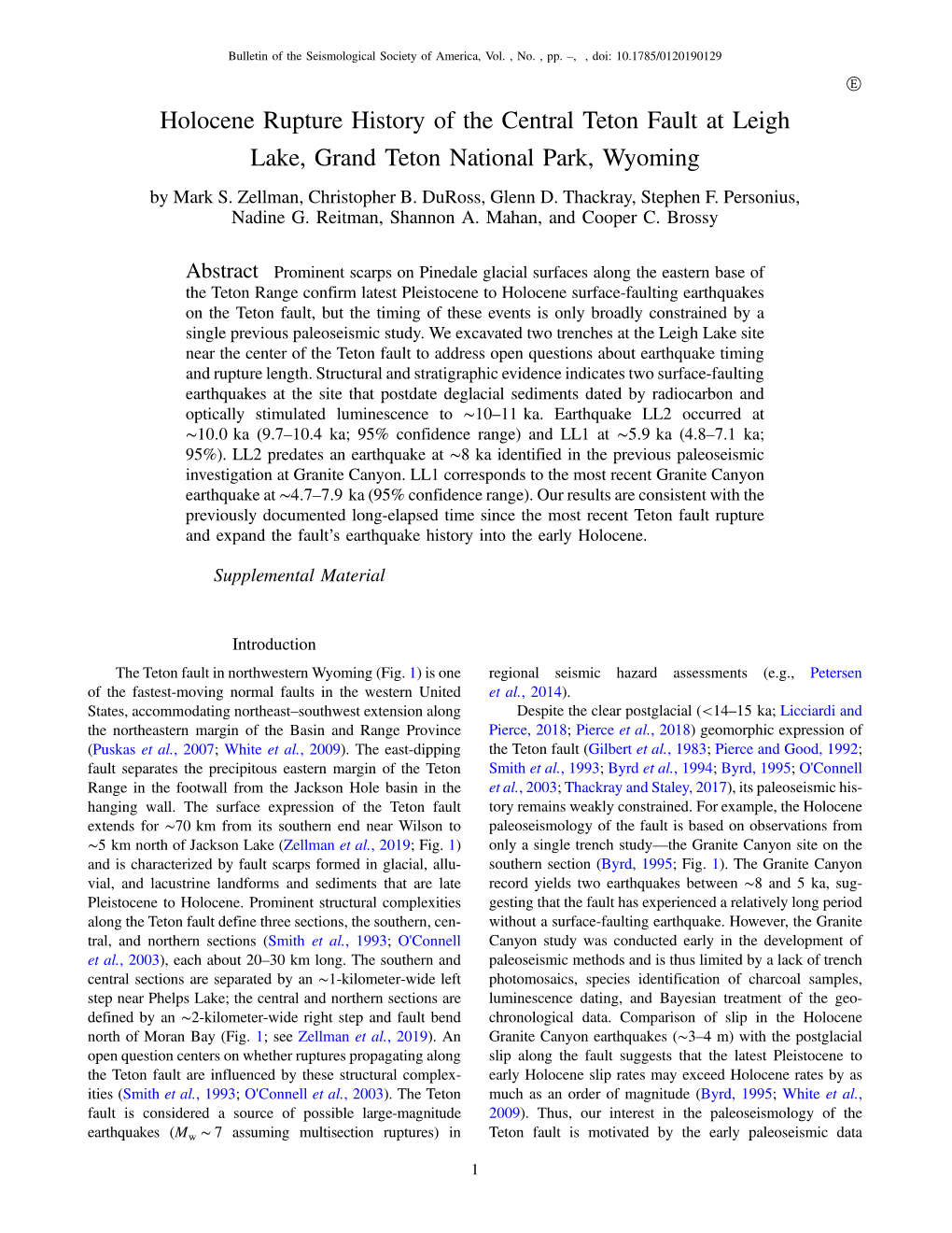 Holocene Rupture History of the Central Teton Fault at Leigh Lake, Grand Teton National Park, Wyoming by Mark S