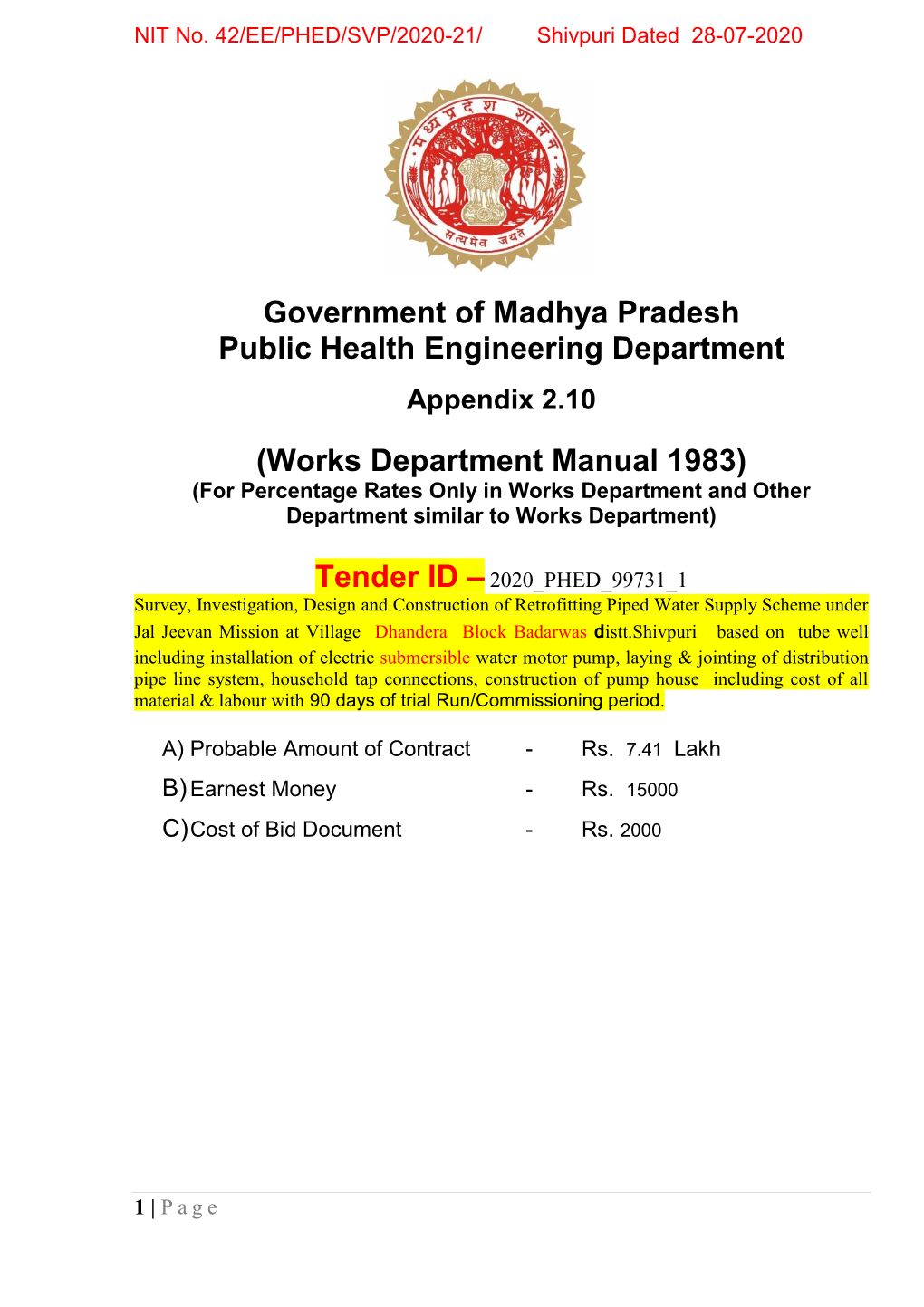 Government of Madhya Pradesh Public Health Engineering Department