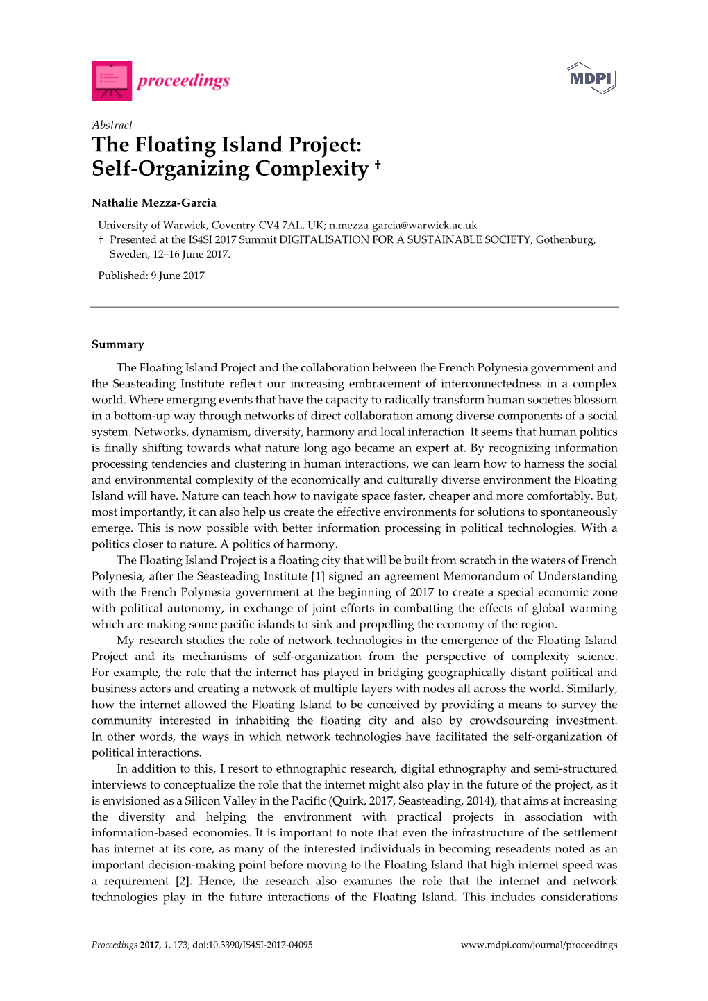 The Floating Island Project: Self-Organizing Complexity †