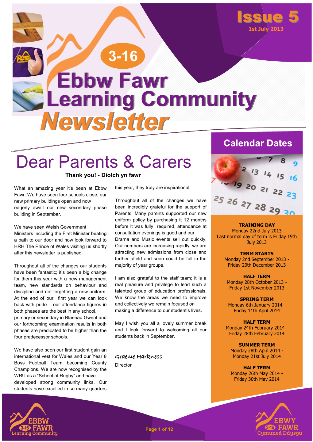 Newsletternewsletter Calendar Dates Dear Parents & Carers Thank You! - Diolch Yn Fawr