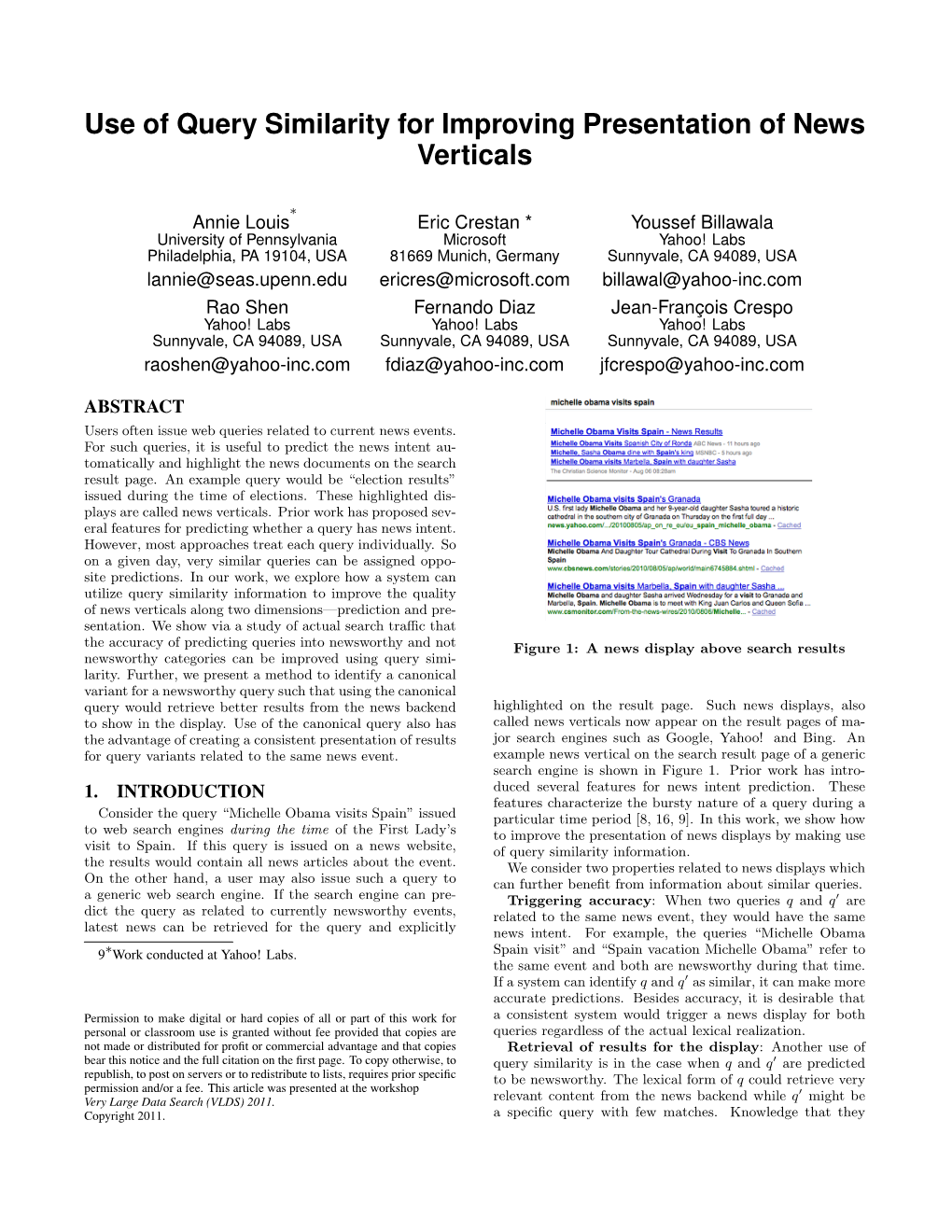 Use of Query Similarity for Improving Presentation of News Verticals