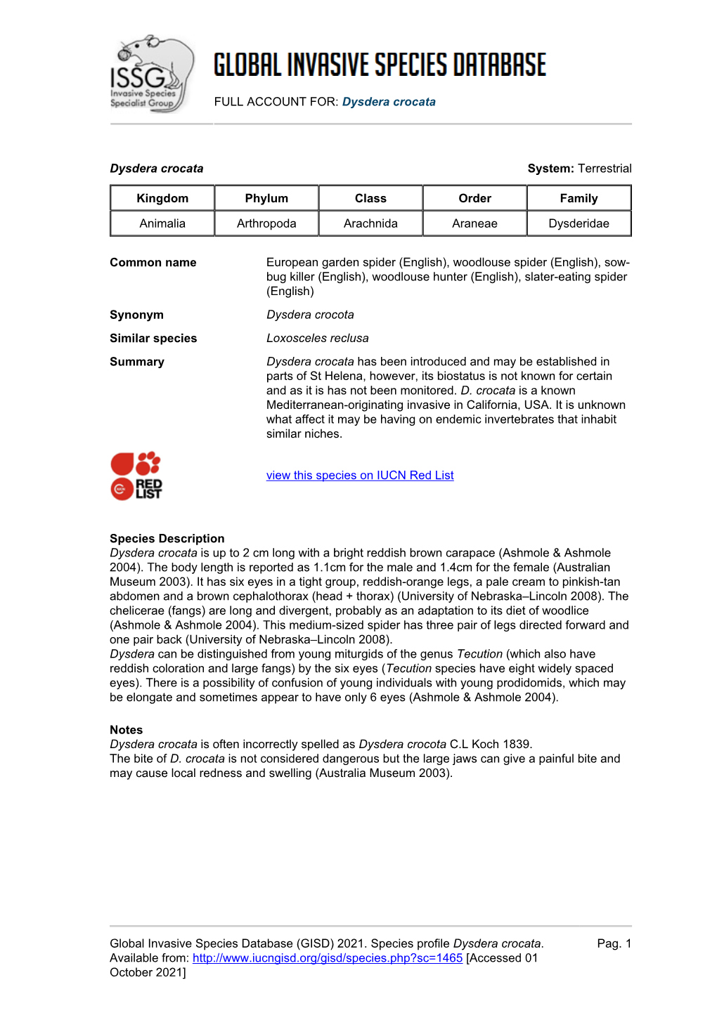Dysdera Crocata Global Invasive Species Database (GISD)