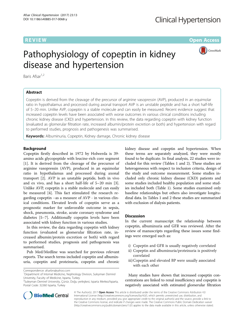 Pathophysiology of Copeptin in Kidney Disease and Hypertension Baris Afsar1,2