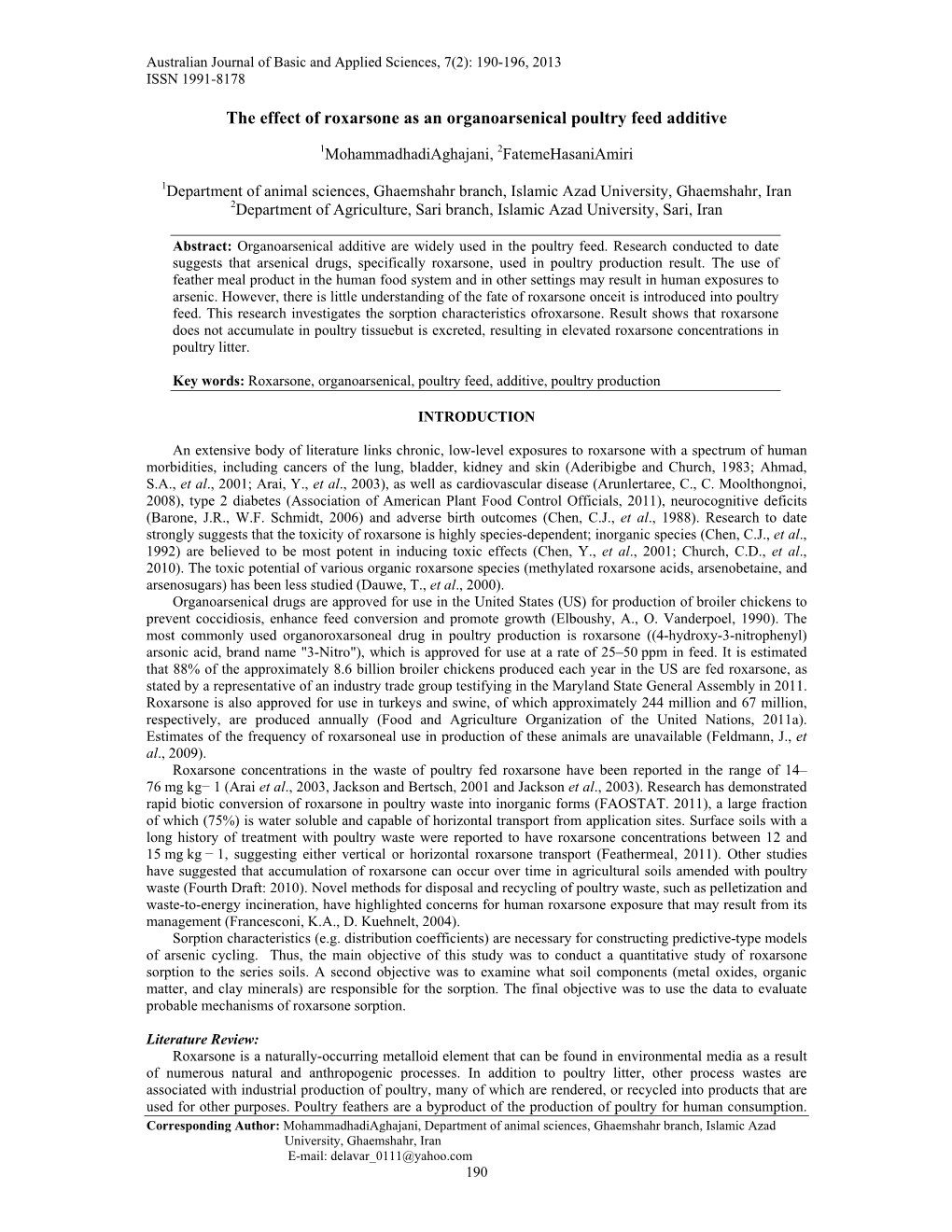 The Effect of Roxarsone As an Organoarsenical Poultry Feed Additive