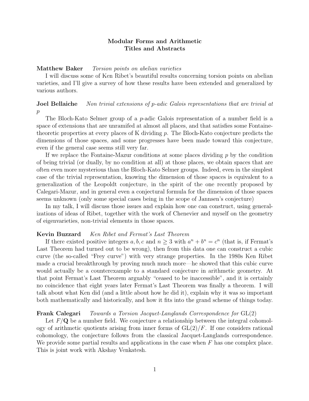 Modular Forms and Arithmetic Titles and Abstracts