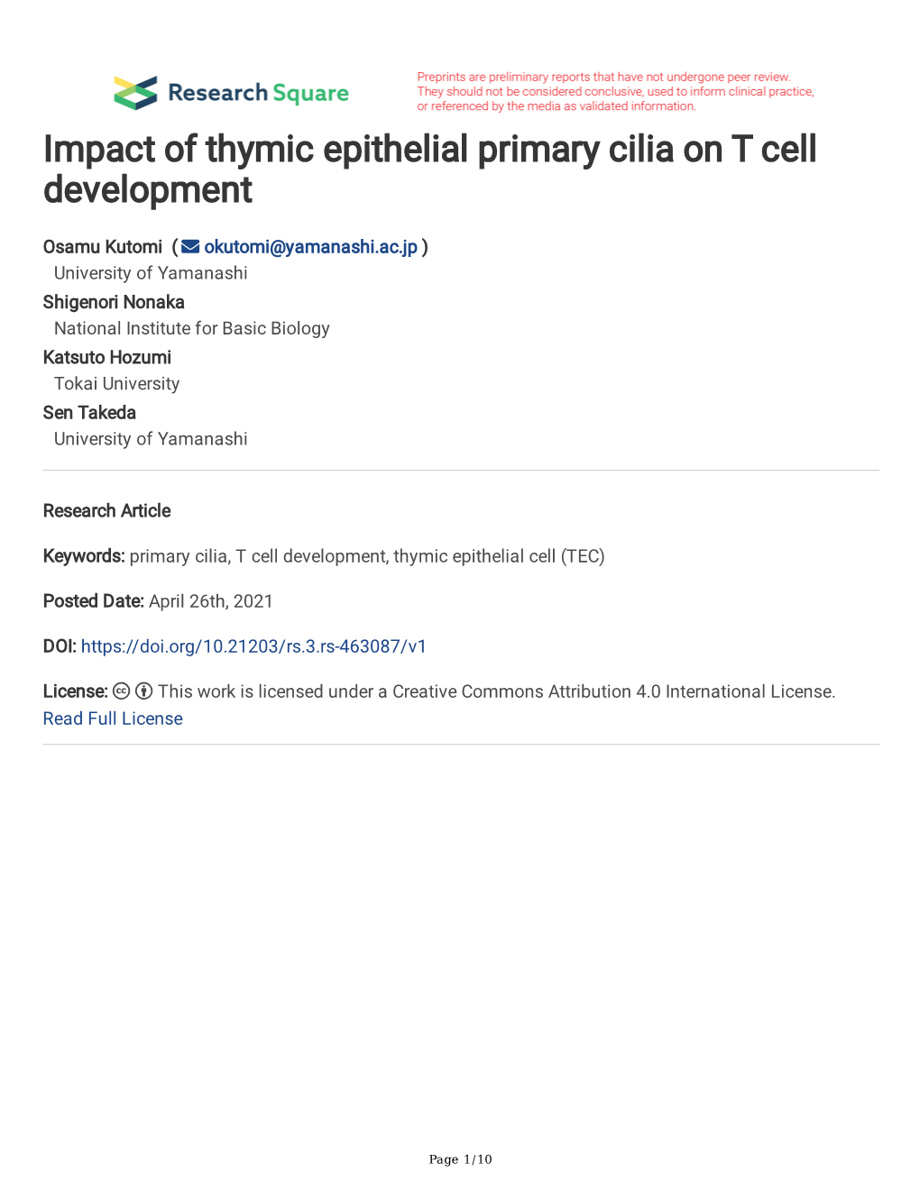 Impact of Thymic Epithelial Primary Cilia on T Cell Development