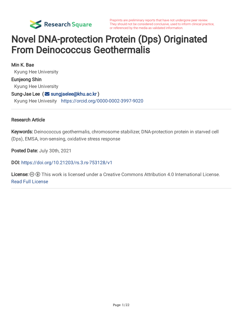 Novel DNA-Protection Protein (Dps) Originated from Deinococcus Geothermalis