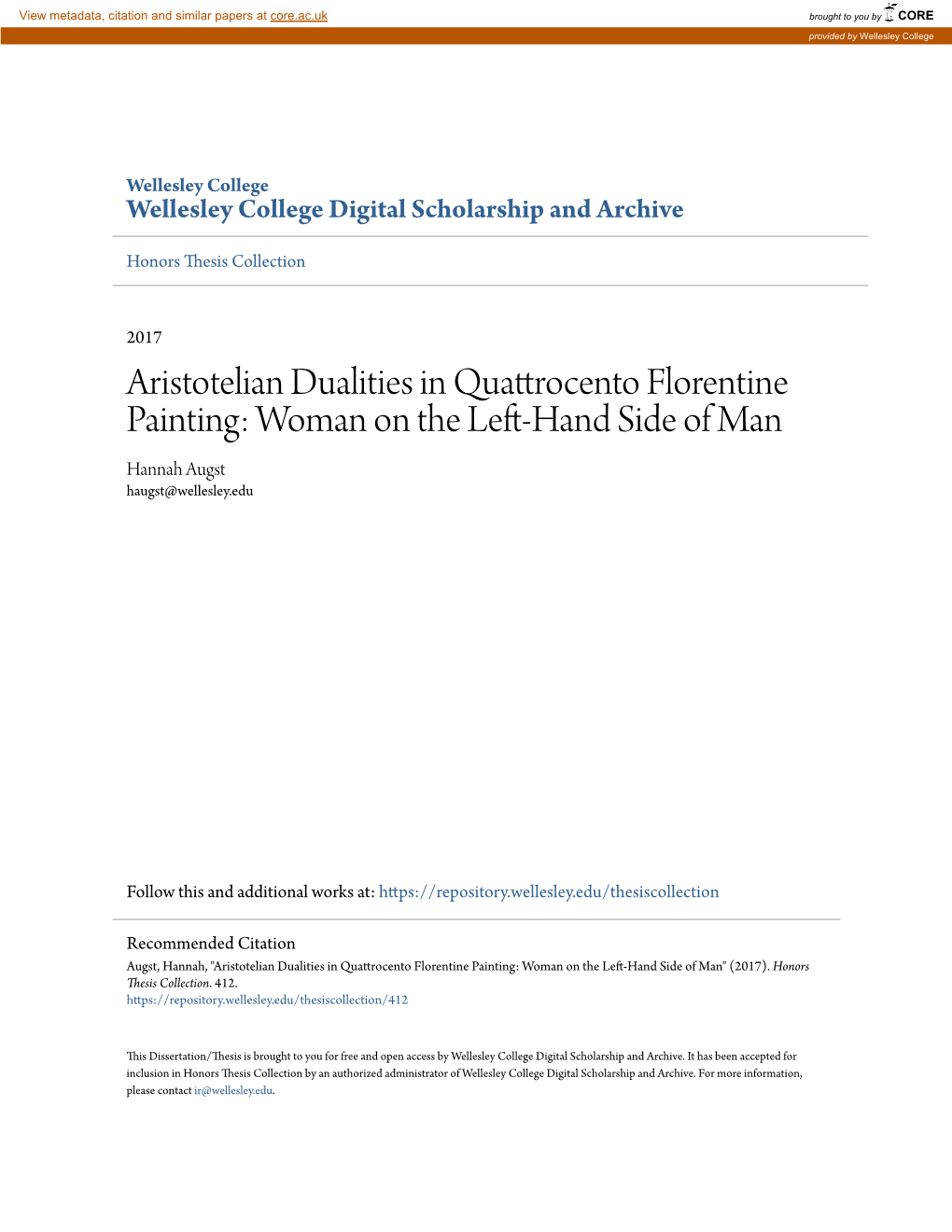 Aristotelian Dualities in Quattrocento Florentine Painting: Woman on the Left-Hand Side of Man Hannah Augst Haugst@Wellesley.Edu